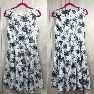 Hanpceirs Roses Floral Retro Sleeveless Fit & Flare White Blue Midi Dress